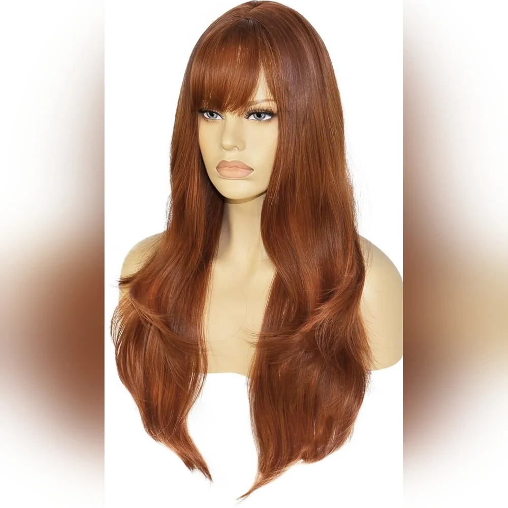 28 Inch Long Layered Auburn Wig for Women Copper Red Wig with Bangs